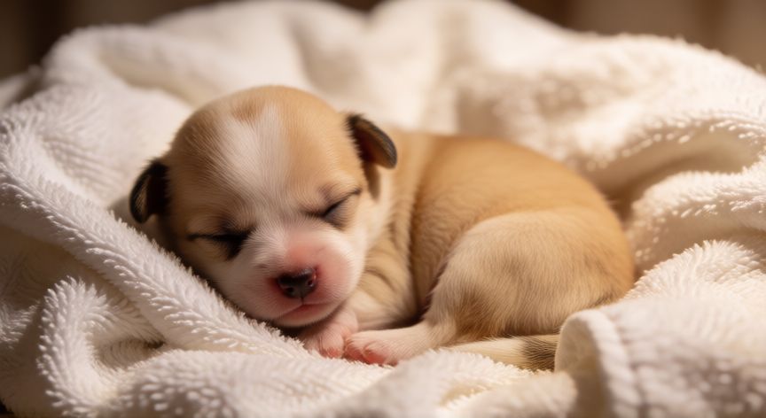 cuidados del cachorro recien nacido, Cachorro recién nacido durmiendo en una cama caliente y acolchada