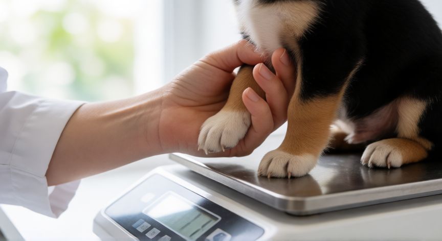 cuidados del cachorro recien nacido, Veterinario revisando el peso de un cachorro en la clínica