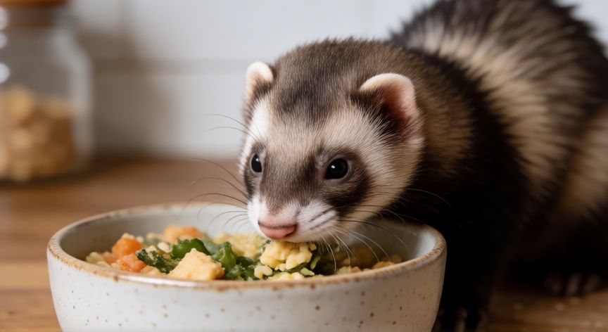 cuidados del hurón como mascota, Hurón comiendo de un bol de cerámica con comida sana