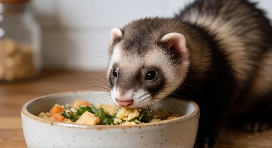 cuidados del hurón como mascota, Hurón comiendo de un bol de cerámica con comida sana
