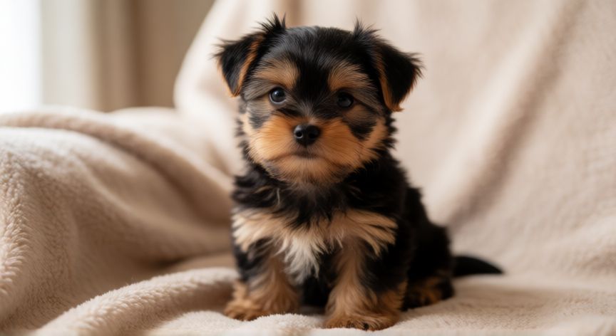 cuidados del yorkshire terrier cachorro, Cachorro de Yorkshire Terrier sentado en una manta suave mirando a la cámara