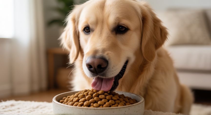 cuidados esenciales para tu mascota, Perro feliz comiendo de su cuenco con una dieta equilibrada