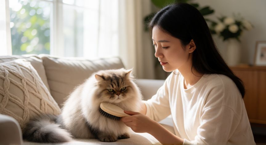 cuidados esenciales para tu mascota, Mujer cepillando a un gato persa en un salón luminoso