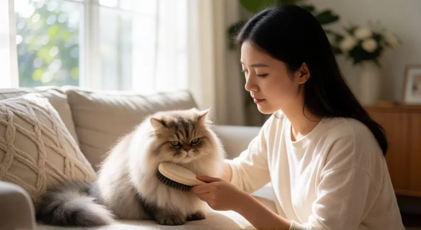 cuidados esenciales para tu mascota, Mujer cepillando a un gato persa en un salón luminoso