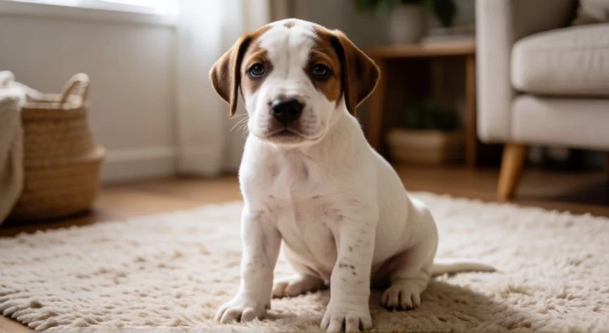 Cachorro de Fila Brasileiro blanco y marrón en el salón