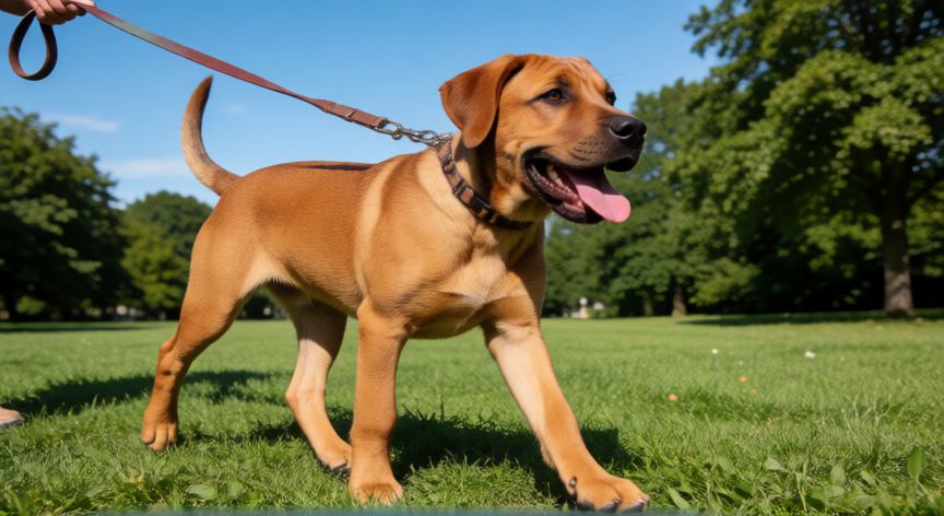 cuidados fila brasileiro cachorro, Joven Fila Brasileiro haciendo ejercicio en un parque soleado