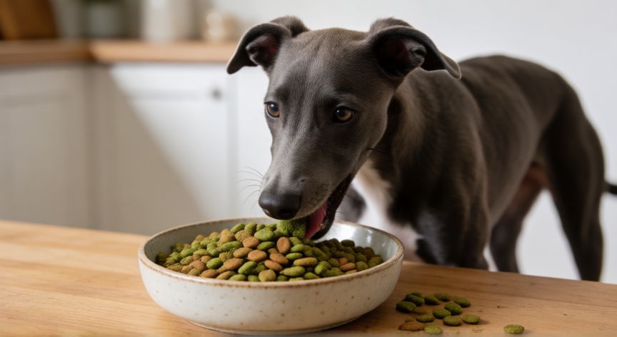cuidados galgo cachorro, Cachorro de galgo tomando su alimento de alta calidad