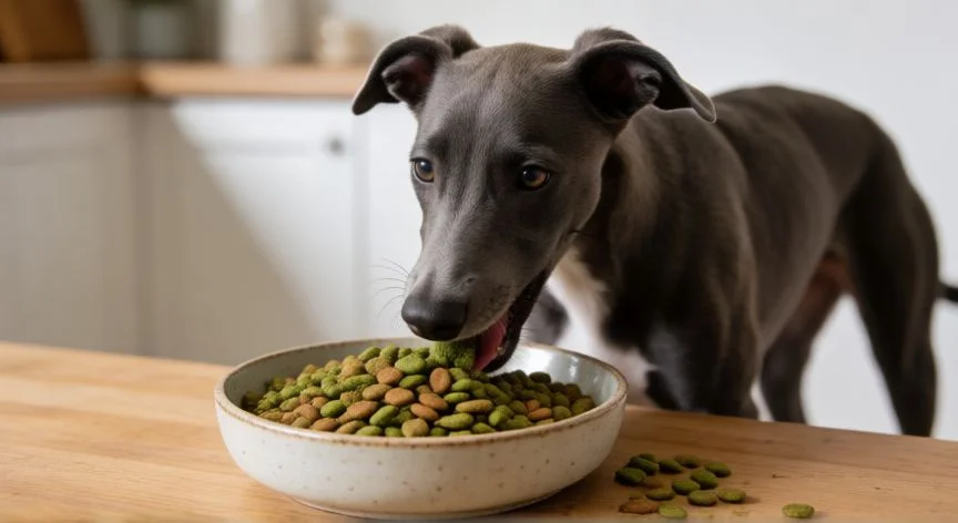 cuidados galgo cachorro, Cachorro de galgo tomando su alimento de alta calidad