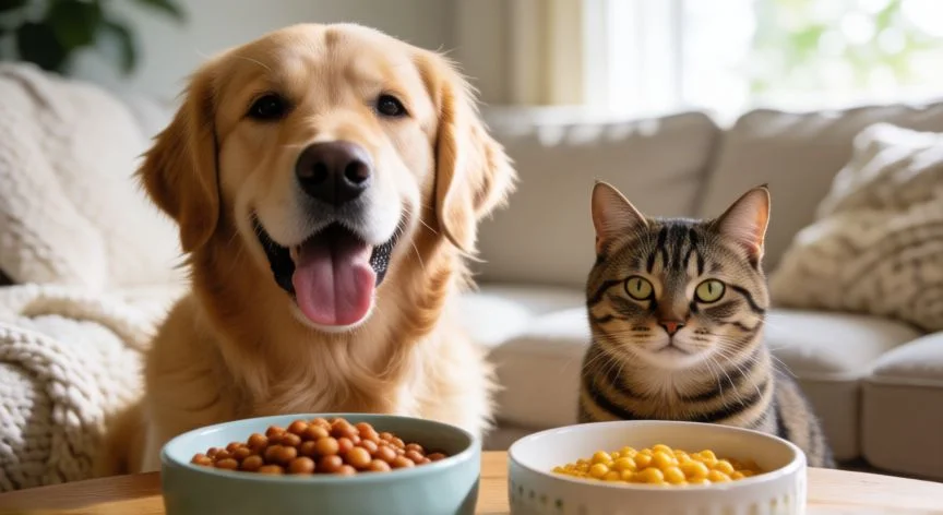 Perro y gato junto a sus platos de comida