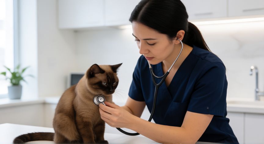 cuidados mascotas, Veterinario revisando a un gato en la clínica