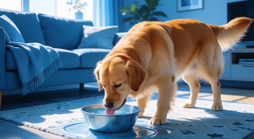 cuidados mascotas calor, Perro bebiendo agua fresca en el interior de la casa durante el verano