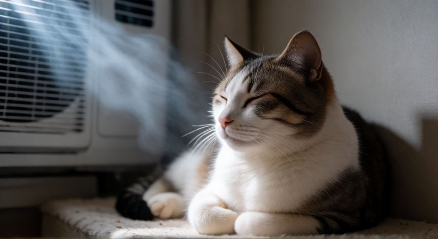 cuidados mascotas calor, Gato descansando en una zona fresca y sombreada con aire acondicionado