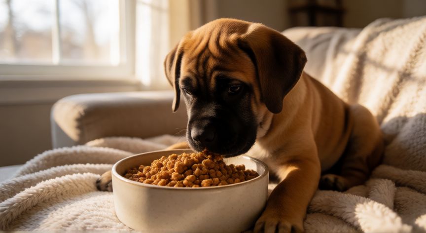 cuidados mastin cachorro, Cachorro de Mastín comiendo en su casa