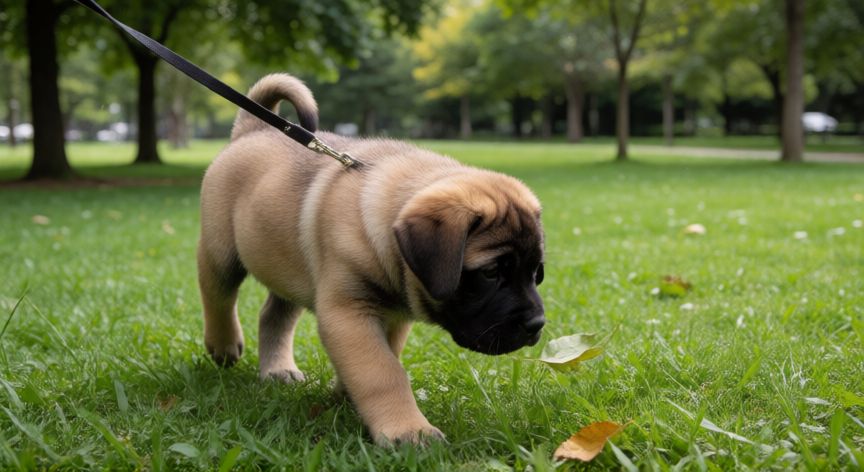 cuidados mastin cachorro, Cachorro de Mastín paseando en un parque tranquilo