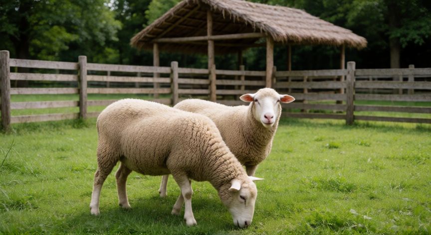 cuidados oveja mascota, Oveja mascota pastando en un prado con refugio al fondo