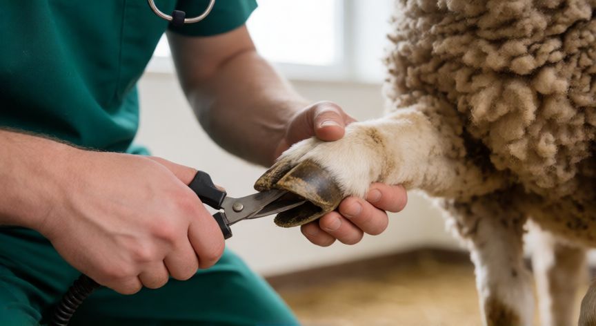 cuidados oveja mascota, Veterinario realizando el corte de pezuñas a una oveja