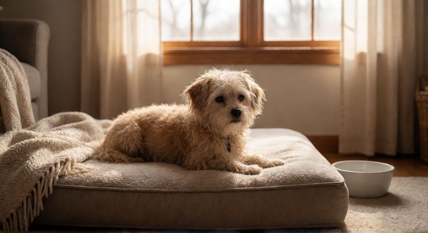 cuidados paliativos cachorro idoso, Cachorro idoso descansando en una cama ortopédica con luz suave