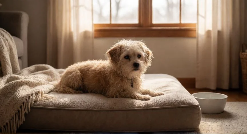 Cachorro idoso descansando en una cama ortopédica con luz suave