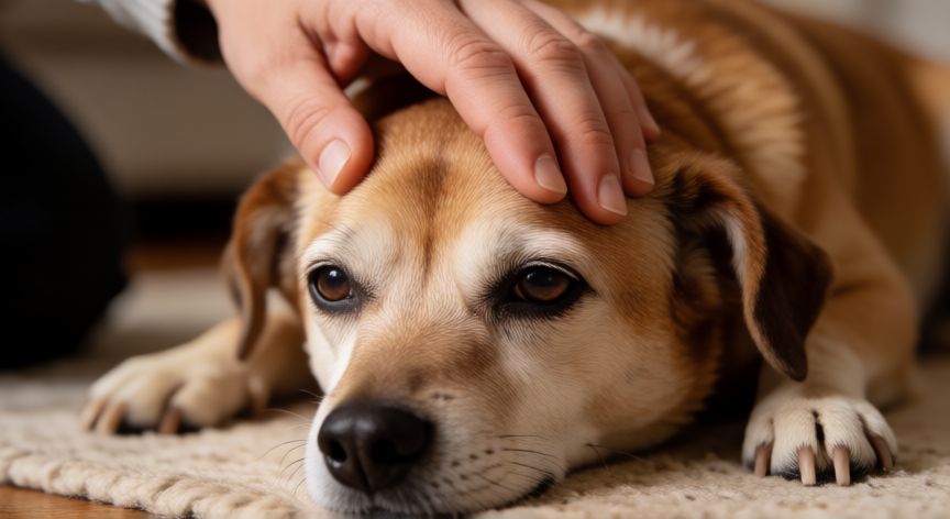 cuidados paliativos cachorro idoso, Mano humana acariciando suavemente la cabeza de un perro senior tranquilo