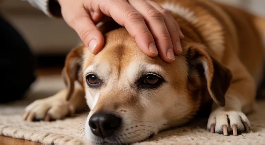 cuidados paliativos cachorro idoso, Mano humana acariciando suavemente la cabeza de un perro senior tranquilo