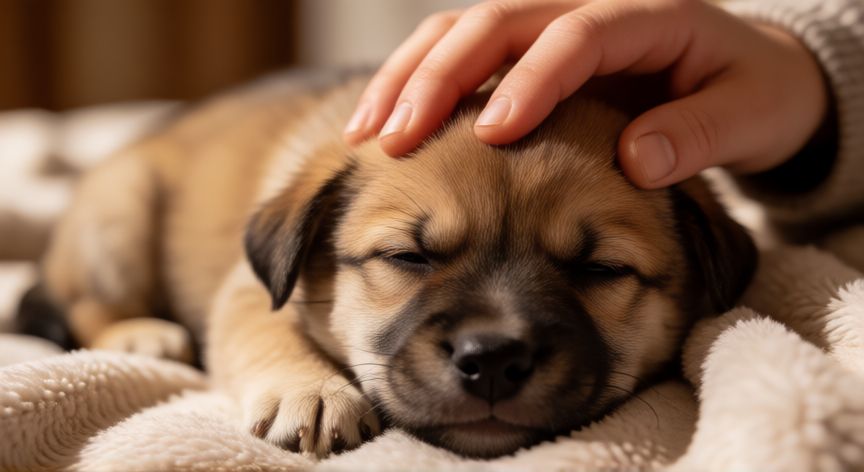 cuidados paliativos em cachorro, Cachorro tranquilo recibiendo caricias en su cama
