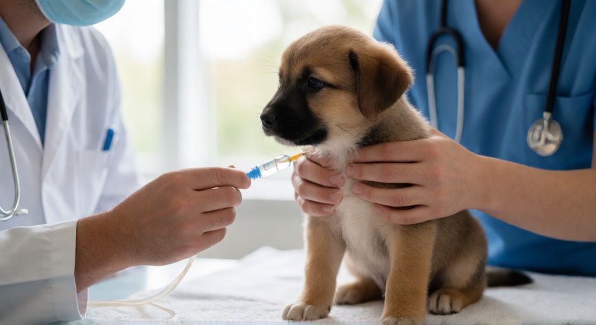 cuidados paliativos em cachorro, Cachorro recibiendo tratamiento médico veterinario