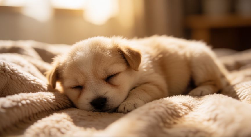 cuidados para cachorro de 1 mes, Cachorro durmiendo en una manta suave con luz cálida