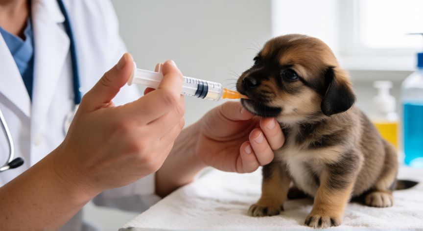 cuidados para cachorro de 1 mes, Alimentación cuidadosa de un cachorro con jeringueta en un entorno limpio