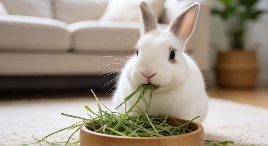 cuidados para conejo mascota, Conejo blanco comiendo heno fresco en su comedero