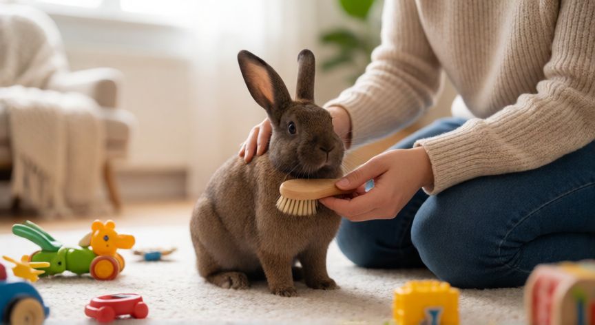 cuidados para conejo mascota, Persona cepillando a un conejo marrón en casa
