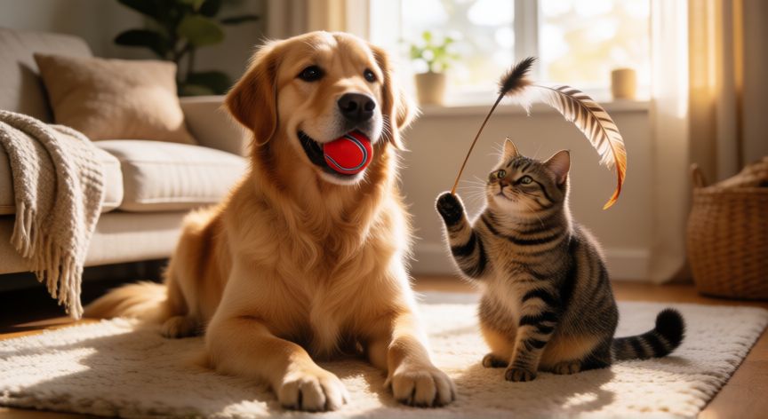 cuidados para la mascota, Perro y gato disfrutando de juegos en un salón luminoso