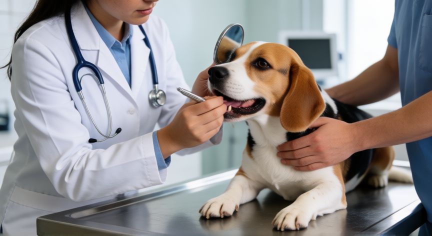 cuidados para la mascota, Veterinario revisando la salud dental de un perro en clínica