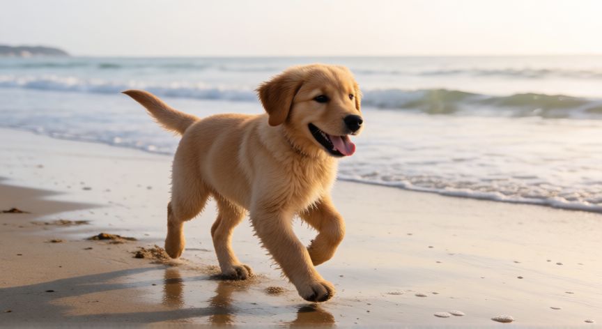 cuidados para levar cachorro na praia, Cachorro feliz corriendo por la arena de la playa con olas al fondo