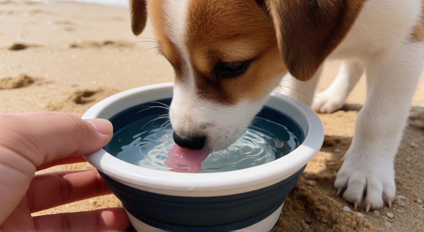 cuidados para levar cachorro na praia, Cachorro bebiendo agua dulce de un vaso plegable en la playa