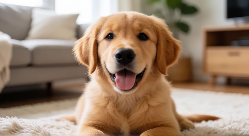 cuidados para mascota, Cachorro de golden retriever feliz en la sala de estar recibiendo cuidados