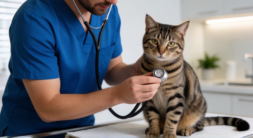 cuidados para mascota, Veterinario revisando la salud de un gato en una clínica moderna