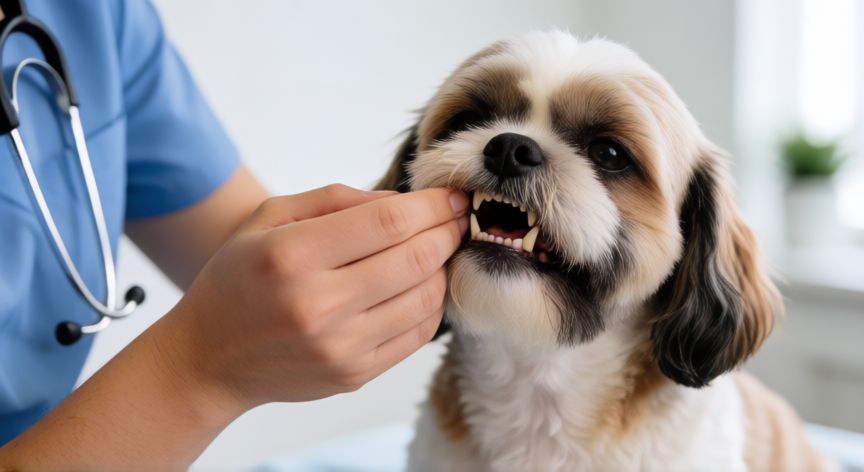 cuidados para shih tzu cachorro, Veterinario revisando la salud dental de un perro Shih Tzu