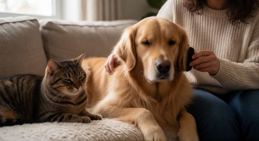 cuidados para tu mascota, Persona cepillando a un perro dorado mientras un gato reposa cerca en el sofá
