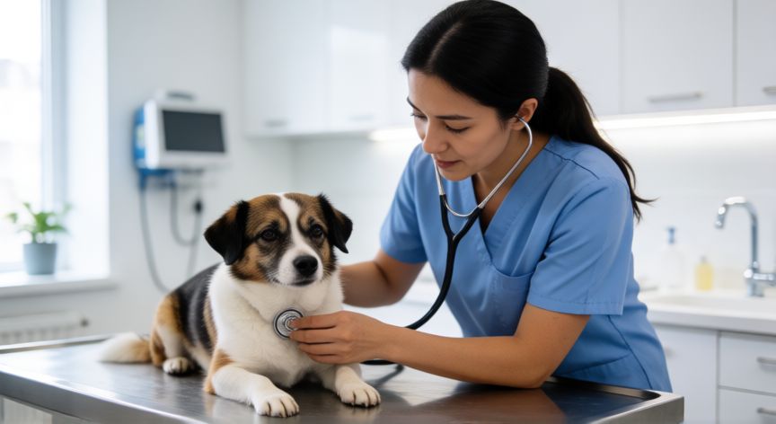 cuidados para tu mascota, Veterinario revisando la salud de un perro en una clínica moderna