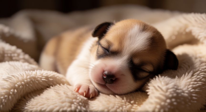 cuidados para un cachorro bebe, Cachorro recién nacido durmiendo en una manta suave
