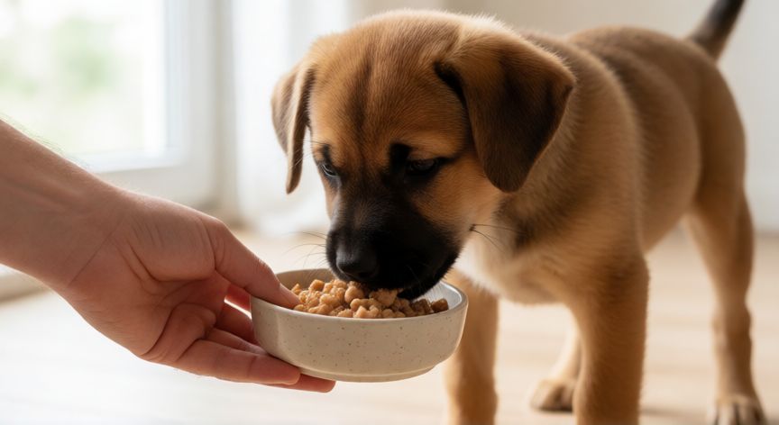 cuidados para un cachorro bebe, Cachorro joven comiendo alimento húmedo de un plato