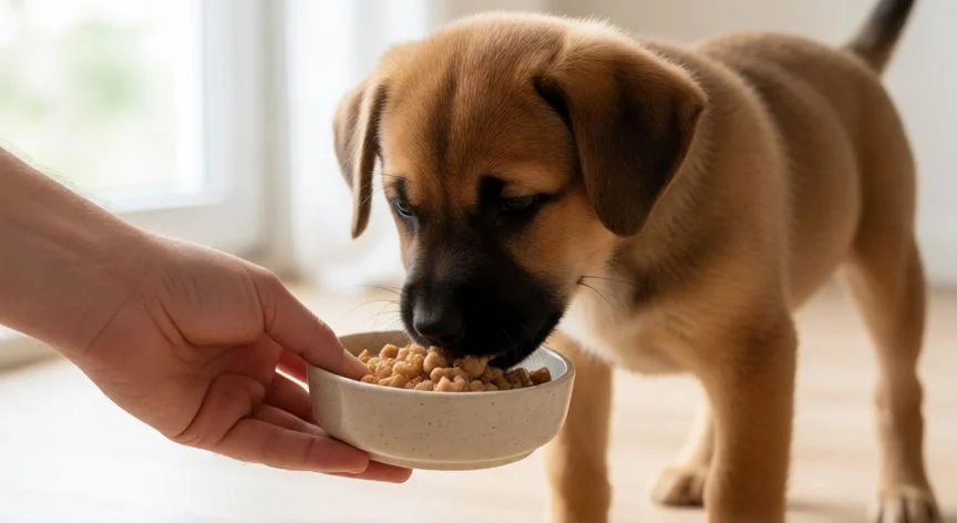 cuidados para un cachorro bebe, Cachorro joven comiendo alimento húmedo de un plato
