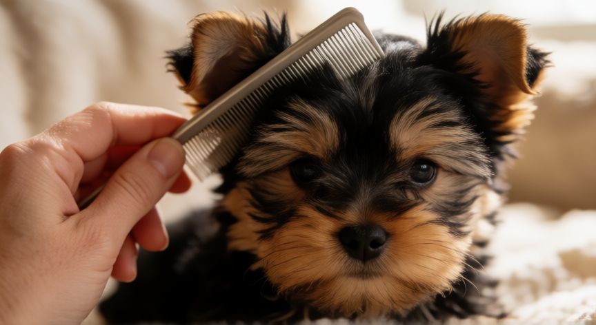 cuidados para un cachorro yorkshire, Cepillando el pelaje suave de un cachorro Yorkshire terrier