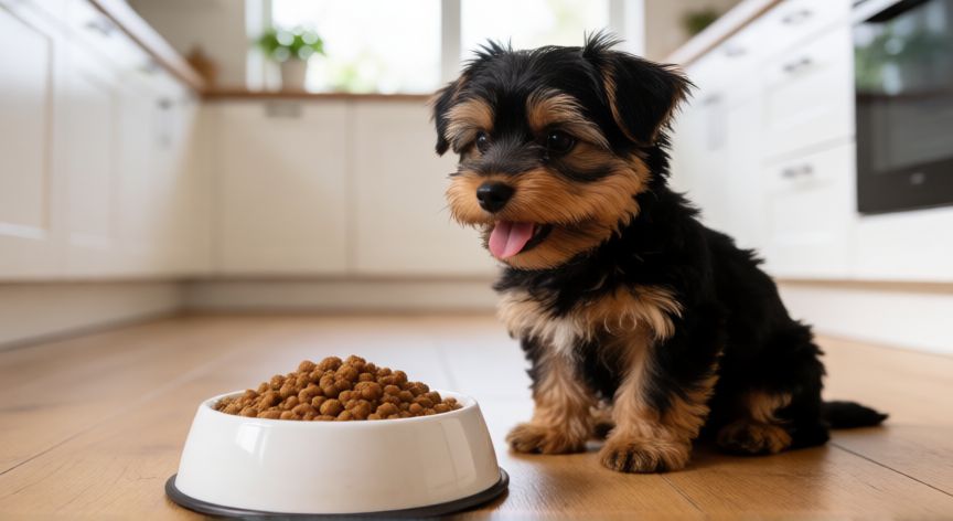 cuidados para un cachorro yorkshire, Cachorro Yorkshire tomando una comida saludable de su cuenco