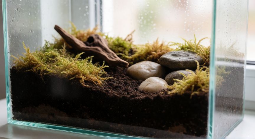 cuidados para un caracol mascota, Terrario de caracol con sustrato de musgo y tierra húmeda