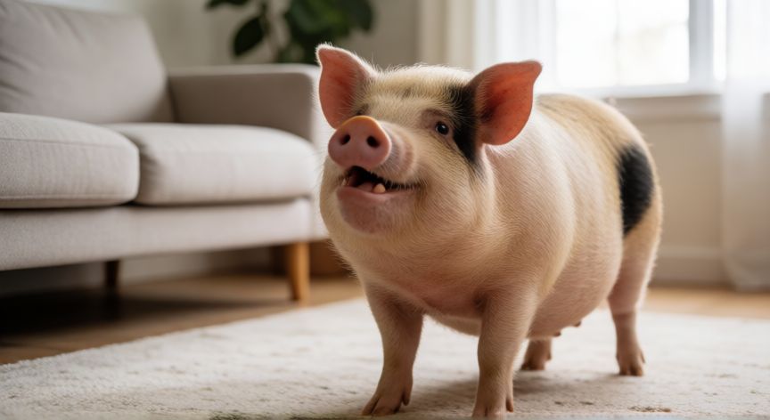 cuidados para un cerdo mascota, Cerdo mascota feliz en un interior luminoso y acogedor
