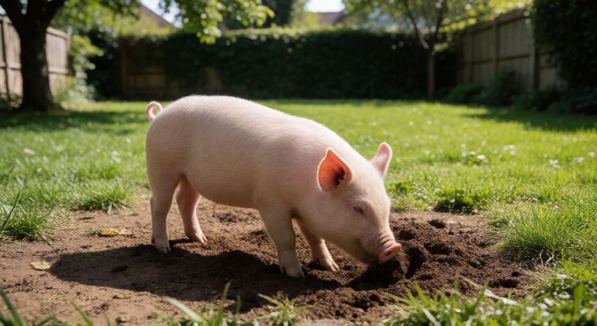 cuidados para un cerdo mascota, Cerdo enano explorando un patio exterior soleado y verde