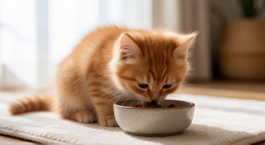 cuidados para un gato cachorro, Gatito naranjo comiendo de un plato en una habitación luminosa