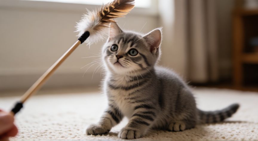 cuidados para un gato cachorro, Gatito gris atigrado jugando con una caña de plumas en la alfombra