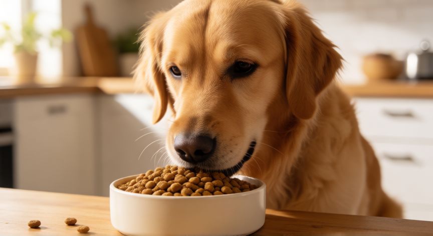 cuidados para una mascota esterilizada, Perro comiendo comida balanceada para mascotas esterilizadas